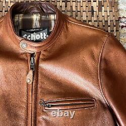 Schott NYC 530 Cafe Racer Leather Jacket Full Zip Men's Brown Men's Size Small S