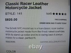 Schott Nyc 141 Cafe Racer Black Leather Motorcycle Jacket Size 44