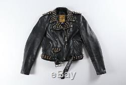 Schott Perfecto Leather Jacket Black Gold Studded Belted Motorcycle S Small USA