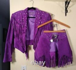 Southwest Jacket Skirt Chaps Purple Suede Fringe Rhinestone Cowgirl Size M USA