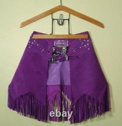 Southwest Jacket Skirt Chaps Purple Suede Fringe Rhinestone Cowgirl Size M USA