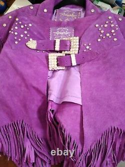 Southwest Jacket Skirt Chaps Purple Suede Fringe Rhinestone Cowgirl Size M USA