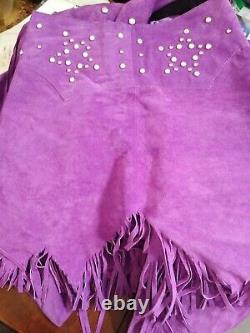 Southwest Jacket Skirt Chaps Purple Suede Fringe Rhinestone Cowgirl Size M USA