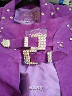 Southwest Jacket Skirt Chaps Purple Suede Fringe Rhinestone Cowgirl Size M USA