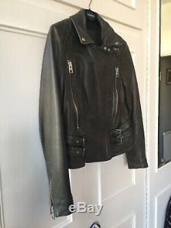 Stunning All Saints Real Leather biker Jacket Dark Olive /Khaki Colour Size 8
