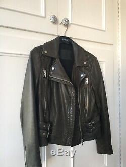 Stunning All Saints Real Leather biker Jacket Dark Olive /Khaki Colour Size 8