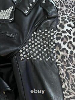 Sz L 46 chest lambskin leather jacket with studs and leopard lining punk punx