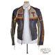 THEDI Leather Jacket S Gray Beige Colorblock SpellOut Logo Distressed Cafe Racer
