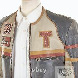 THEDI Leather Jacket S Gray Beige Colorblock SpellOut Logo Distressed Cafe Racer