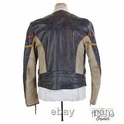 THEDI Leather Jacket S Gray Beige Colorblock SpellOut Logo Distressed Cafe Racer