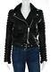 THE ARRIVALS Black Leather Ribbed Studded Collared Motorcycle Jacket Sz S