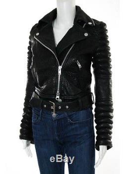 THE ARRIVALS Black Leather Ribbed Studded Collared Motorcycle Jacket Sz S