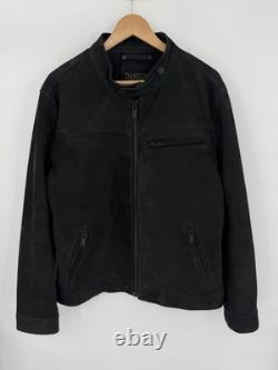 THURSDAY Black Suede Leather Biker Jacket Men's XL Athletic Fit Band Collar