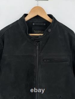 THURSDAY Black Suede Leather Biker Jacket Men's XL Athletic Fit Band Collar