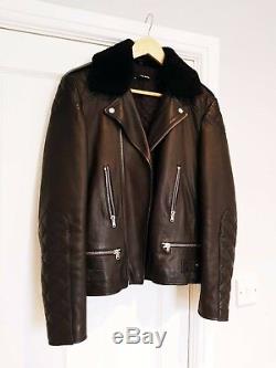 The Kooples Mens Black Leather Biker Jacket Shearling Collar Medium UK Rare