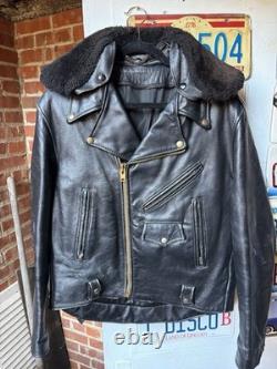 True Vintage 1950's Leather Motorcycle Jacket with removable collar Black 44