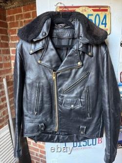 True Vintage 1950's Leather Motorcycle Jacket with removable collar Black 44