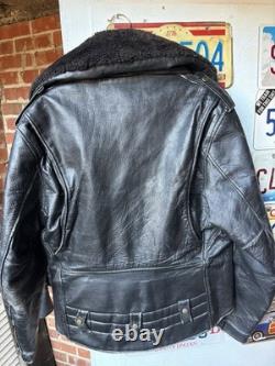 True Vintage 1950's Leather Motorcycle Jacket with removable collar Black 44