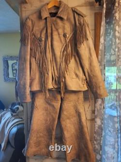 UNIK Leather Motorcycle Jacket Tan With Fringe SZ 50 With Matching XL Chaps