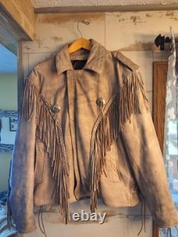 UNIK Leather Motorcycle Jacket Tan With Fringe SZ 50 With Matching XL Chaps