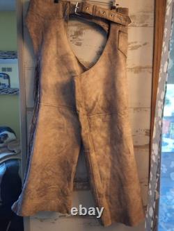 UNIK Leather Motorcycle Jacket Tan With Fringe SZ 50 With Matching XL Chaps