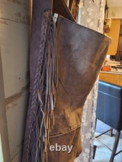 UNIK Leather Motorcycle Jacket Tan With Fringe SZ 50 With Matching XL Chaps