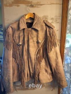 UNIK Leather Motorcycle Jacket Tan With Fringe SZ 50 With Matching XL Chaps