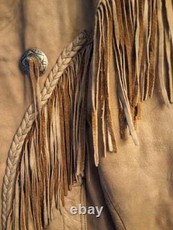UNIK Leather Motorcycle Jacket Tan With Fringe SZ 50 With Matching XL Chaps