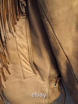 UNIK Leather Motorcycle Jacket Tan With Fringe SZ 50 With Matching XL Chaps