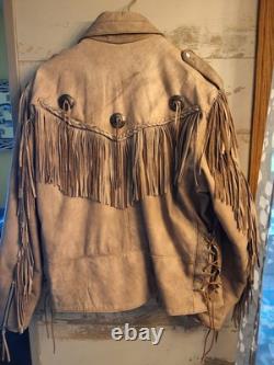 UNIK Leather Motorcycle Jacket Tan With Fringe SZ 50 With Matching XL Chaps