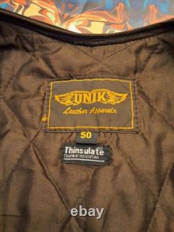 UNIK Leather Motorcycle Jacket Tan With Fringe SZ 50 With Matching XL Chaps
