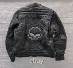 Used Harley Davidson Men Reflective Willie G Skull Heavy Leather Jacket Size XL