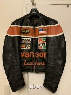 VANSON Leather Riders Jacket Outer Blouson Flag Emblem Men's 34 Vintage Biker