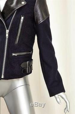 VICTORIA BECKHAM Black+Navy Leather+Wool Moto Motorcycle Biker Jacket Coat S