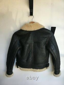 VINTAGE 1970s Dark Brown Leather Beige Shearling Sheepskin Biker Moto Jacket XS
