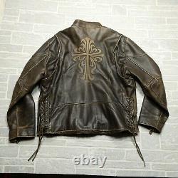 VINTAGE Wilsons Leather Motorcycle Jacket Mens 2XL Brown Thick Embossed Cross