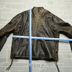 VINTAGE Wilsons Leather Motorcycle Jacket Mens 2XL Brown Thick Embossed Cross