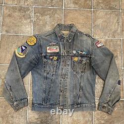 VTG 70's Patched Hand Painted Levi's Type 3 Trucker Denim Jacket 2 Pocket Size M