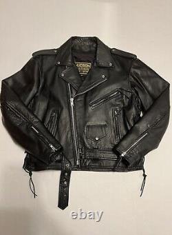 VTG 80s Hudson Leather Belted Black Motorcycle Jacket Thinsulate Liner Size 46