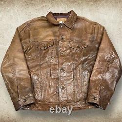 VTG 90's GAP Blue Jeans World Standard Brown Leather Jacket Trucker Men's Size L