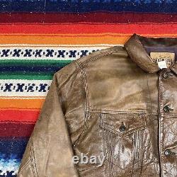 VTG 90's GAP Blue Jeans World Standard Brown Leather Jacket Trucker Men's Size L