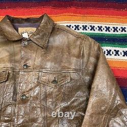 VTG 90's GAP Blue Jeans World Standard Brown Leather Jacket Trucker Men's Size L