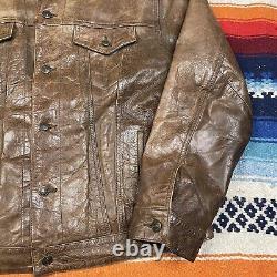 VTG 90's GAP Blue Jeans World Standard Brown Leather Jacket Trucker Men's Size L