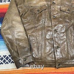 VTG 90's GAP Blue Jeans World Standard Brown Leather Jacket Trucker Men's Size L