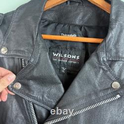VTG 90s WILSONS Black Leather Motorcycle Biker Punk Jacket Moto Zipper Belt XL