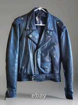 VTG Black Leather Motorcycle Jacket SZ 44 Heavy Durable Lace Up Sides Biker