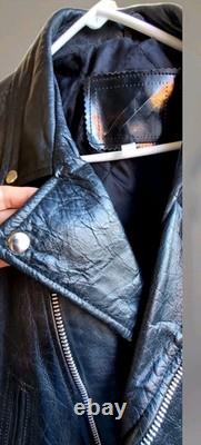 VTG Black Leather Motorcycle Jacket SZ 44 Heavy Durable Lace Up Sides Biker