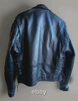 VTG Black Leather Motorcycle Jacket SZ 44 Heavy Durable Lace Up Sides Biker