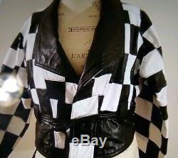 VTG CACHE Black & White Checkered Flag Leather Jacket Small USA Twins 80's