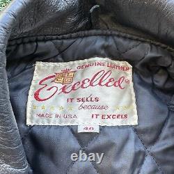 VTG Excelled Black MADE IN USA Leather Motorcycle Jacket Harley Patch Sz 46